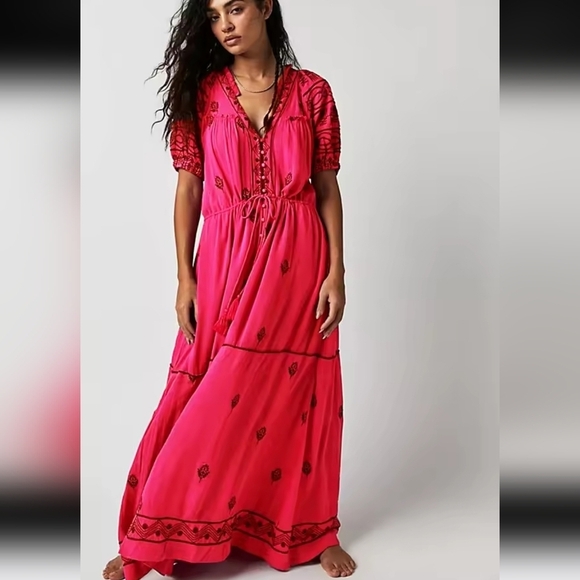Vibrant Pink Maxi Dress with Embroidered Details